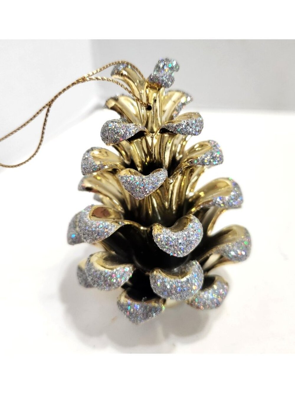Gold Metal Pinecone Christmas Ornament Multicolor Glitter Tips Tree Decor